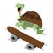 Happy smiling turtle running with a skateboard for speed concept