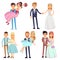 Happy smiling wedding couples isolated vector set.