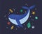 Happy smiling whale isolated on dark background. Adorable ocean animal, joyful wild marine mammal, cute sea world