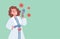 Happy smiling woman in lab coat holding syringe with the vaccine against Coronavirus Covid-19 vector flat illustration.