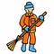 Happy smiling yardman sweeper character sweeping the yard. Vector flat cartoon illustration