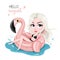 Happy smiling young girl in a swimsuit, sitting on an inflatable flamingo in a swimming pool.Vector.