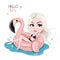 Happy smiling young girl in a swimsuit, sitting on an inflatable flamingo in a swimming pool.Vector.