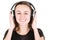 Happy smiling young pretty woman with headphones enjoying music hands on DJ headset