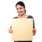 Happy smiling young Woman holding blank wood sheet