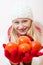 happy smiling young woman with mandarin citrus