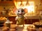 A happy smilling mouse standing behind the counter in their cottage kitchen in the sunset.Generative AI