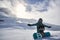 Happy Snowboarder with snowboard, winter at the mountain