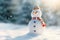 Happy snowman with big smile wearing hat and scarf at snow forest, Christmas and winter background. Generative AI