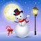 Happy snowman with candy cane and lamppost