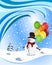 Happy snowman holding colorful balloons