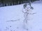 Happy snowman in park, image for card, end of winter