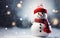 Happy snowman in a red hat and scarf standing on the snowy surface. Christmas postcard.