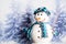 Happy snowman surrounded by winter landscape with falling snow