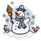 Happy snowman with two little birds colorful illus