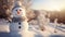 A happy snowman welcomes winter in a quiet snowy landscape on a sunny day