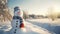 A happy snowman welcomes winter in a quiet snowy landscape on a sunny day