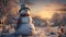 happy snowman in winter landscape