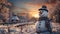 happy snowman in winter landscape