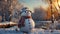 happy snowman in winter landscape