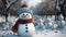 happy snowman in winter landscape