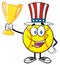 Happy Softball Cartoon Character With Patriotic Hat Holding A Trophy Cup
