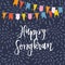 Happy Songkran greeting card invitation, with colorful party flags, water splashes and hand drawn text. Thai buddhist
