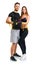 Happy sport couple - man and woman with measuring tape on the white