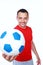 Happy sportive man holding soccer ball