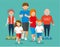 Happy sports family. Mom, dad, daughter, son, grandmother, grandfather. Flat