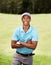 Happy, sports and portrait of man golfer with positive, good and confident attitude on field. Smile, fitness and African