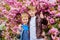 Happy spring holidays. Children enjoy warm spring. Boys posing near sakura. Kids spring pink flowers of sakura tree