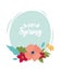 Happy spring lettering flowers foliage round banner