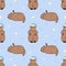 Happy spring seamless pattern with cute cartoon groundhogs and doodle elements on blue background, editable vector illustration