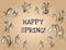 Happy spring text in wreath of snowdrops ornament. Beginning of spring