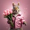 Happy squirrel, chipmunk in a fashionable pink leather jacket with a bouquet of pink tulips in his hands