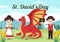 Happy St David`s Day on March 1 Illustration with Kids Welsh Dress, Dragons and Yellow Daffodils in Flat Cartoon Hand Drawn