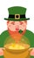 Happy St. Patrick day. A cute cartoon leprechaun holding a pot of shiny coins. Elf behind a cauldron with gold. March seasonal