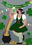 Happy St. Patrick Day vertical Poster. Woman drinks beverage and has fun.