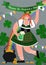 Happy St. Patrick Day vertical Poster. Woman drinks beverage and has fun