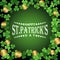 Happy St.Patrick Day white lettering on green background surrounded by leaves of irish shamrock and Leprechauns gold coins with le