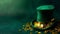 Happy St. Patrick's Day background with a leprechaun green hat full of gold coins