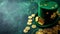 Happy St. Patrick's Day background with a leprechaun green hat full of gold coins