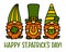 Happy st. Patrick`s Day card. Gnomes with clover, horseshoe and beer