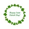 Happy St.Patrick`s Day card, illustration with cute shamrock, clover round frame.