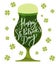 Happy St. Patrick`s day card. Typography greeting at green beer glass. Vector modern calligraphy.
