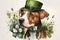 Happy St. Patrick\\\'s Day Dog with Green Hat and Flowers in Watercolors for Greeting Cards.