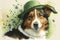 Happy St. Patrick\\\'s Day Dog with Green Hat and Flowers in Watercolors. Perfect for Greeting Cards and Invitations.