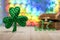 Happy St. Patrick`s Day fun rainbow background with treasure chest