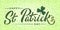 Happy St. Patrick`s Day lettering poster with green shamrock and orange stars on light green clover background. For greeting cart